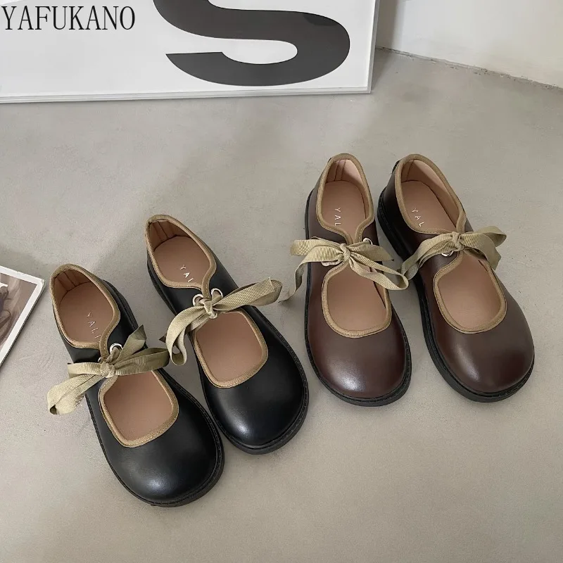 Japanese Flat Bottomed Mary Jane Single Shoes for Women Bow Lace-up College Style JK Small Leather Shoes Casual Student Shoes