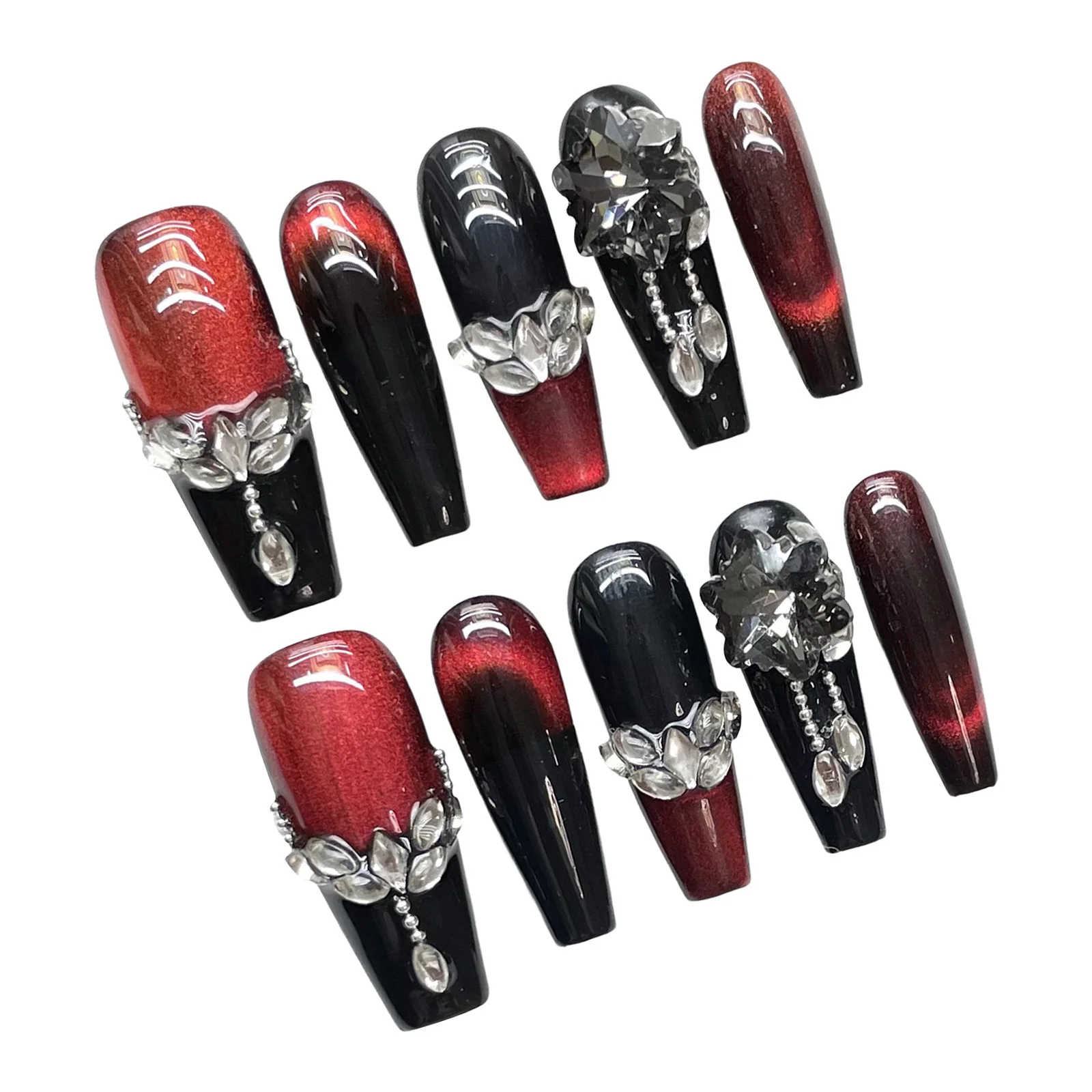 Press On Nails Resin Zircon Dark Red Cat Eye False Nails Luxury Gothic Style for Party Festival Stage Performance Durable