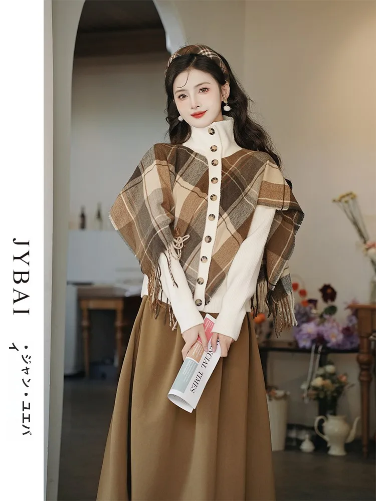

Autumn Winter Plaid Knitted awl Top And Skirt Women's Faion Set Vintage Sle Long Sve Open Cardigan Ensemble