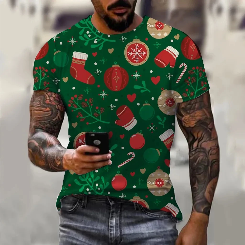 Carnival Party Hip Hop Men\'s Christmas Elf Santa Claus Printed T-shirt Fashion Trend Round Neck Loose Street Party Men\'s Round N
