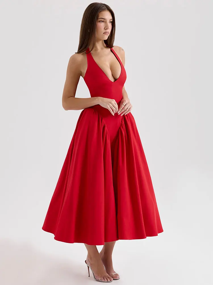 Gacvga dupla camada halter sexy midi vestido longo para as mulheres verão elegante plissado sem costas clube festa vestido de noite