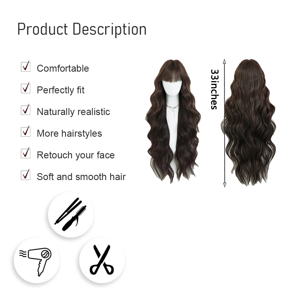 

85 Cm Brown Wavy Synthetic Long Curly Hair, Naturally Fluffy With Bangs, Suitable For Women'S Daily Party Heat-Resistant Wig
