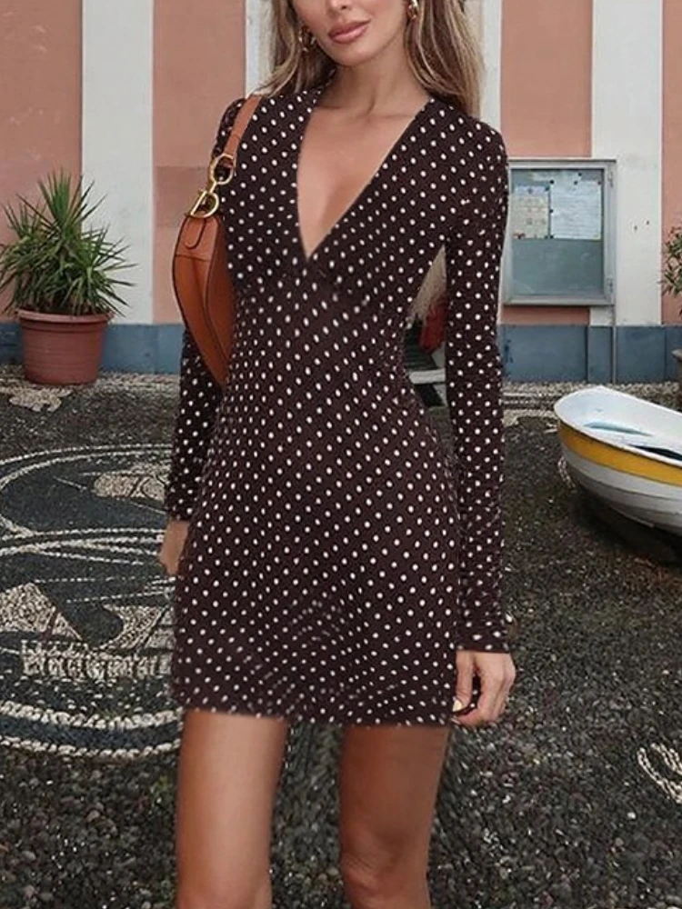Tossy Mini abito sexy con scollo a V profondo a pois da donna Slim maniche lunghe a vita alta Streetwear Patchwork Abito a contrasto Mini abito femminile