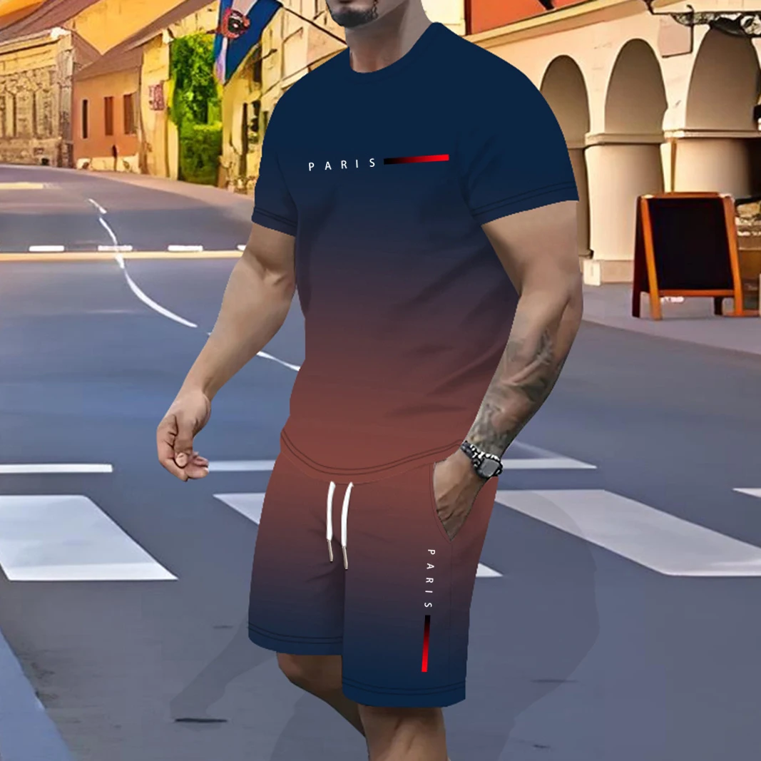 

Men's 3D printing gradual change T-shirt set, knitted with polyester fiber, suitable for beach, vacation, sports multi-scene
