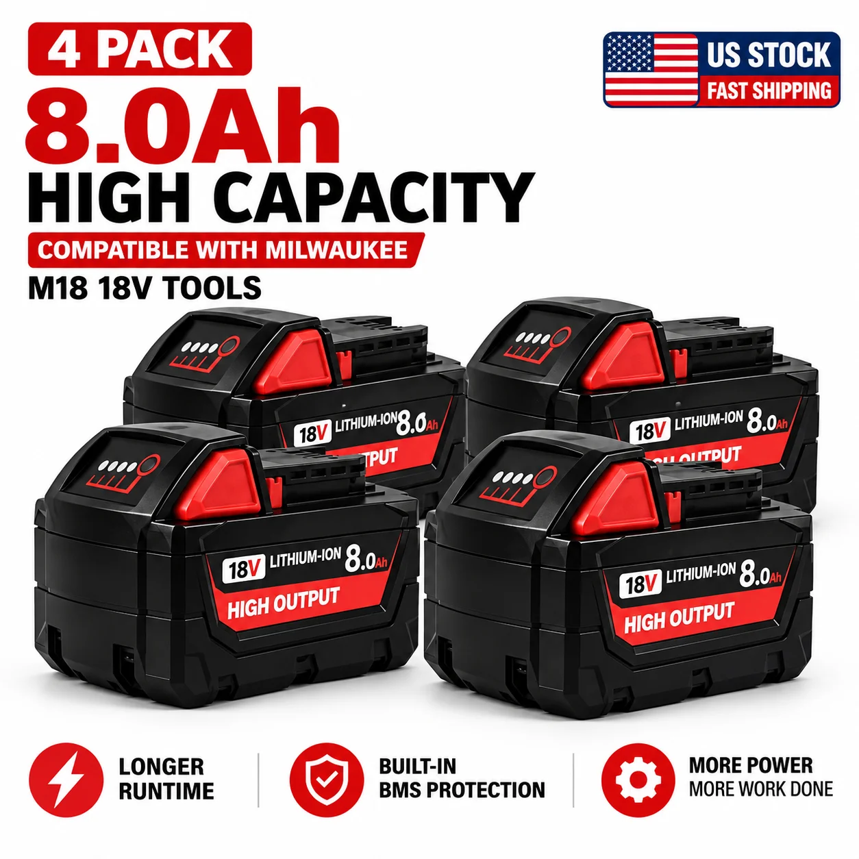8.0Ah 18V Battery Replacement for Milwaukee M18 Tools, Compatible with 48-11-1850 48-11-1880, High Output Lithium Battery