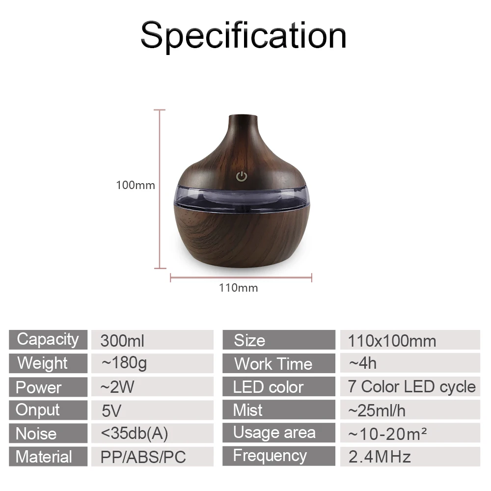 Diffuser For Home Walnut Wood Humidifier - 300ml USB-Powered Diffuser for Essential Oils Sleek Desktop Design with 2 Starter Oil