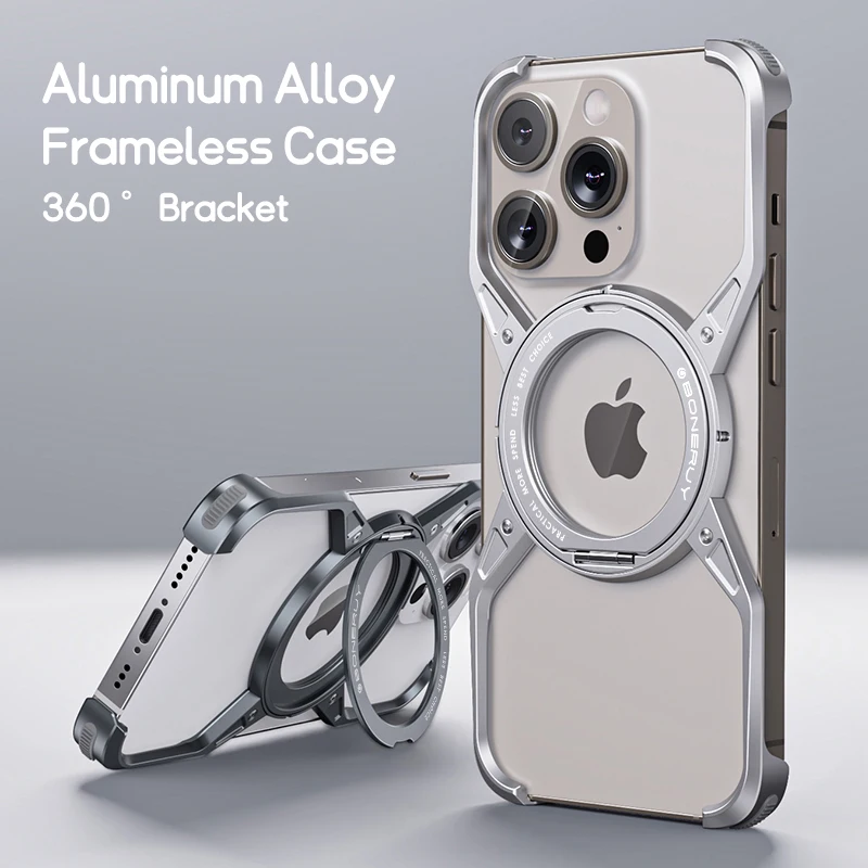 Magnetic 360°Stand Aluminum Alloy Frameless Metal Phone Case For iPhone 15 13 14 Pro Max Heat Dissipation Shockproof Metal Cover