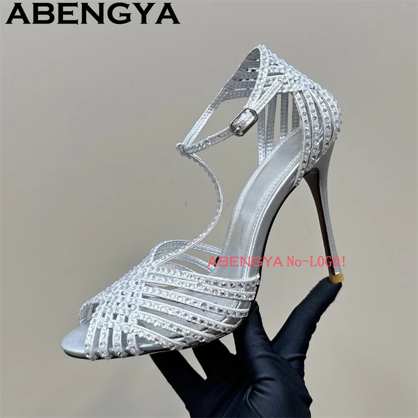 

2026 Summer Trendy Sexy T-strap Crystal Thin High Heels Sandals Woman Gold Silver Narrow-band Stiletto Sandals for Women Shoes