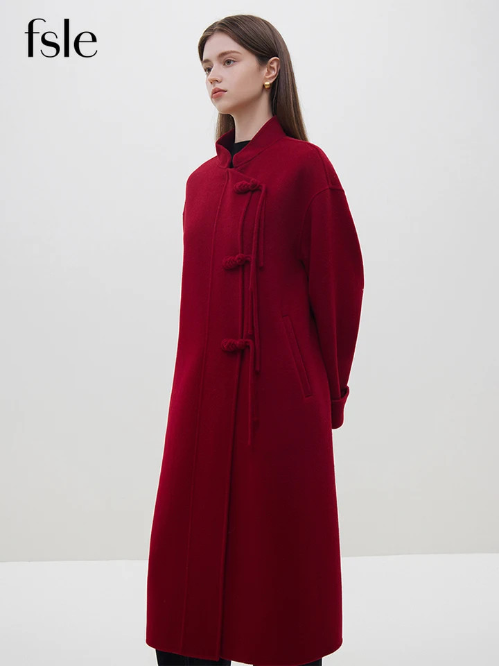 Women's Wool Camel Blend Winter Coat Red Stand Collar