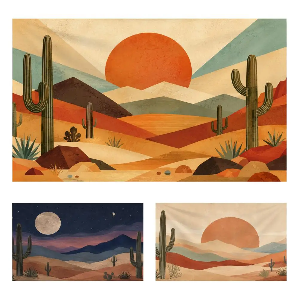 Boho Sunset Desert Sun Cactus Tapestry Durable Soft Microfiber Horizontal Wall Hanging Decor For Bedroom Patio Garden Parties