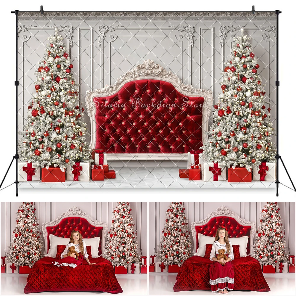 Crimson Christmas Headboard Photography Backdrops Adult Kid Portrait Photocall Background Red Xmas Tree Decor Photo Studio Props