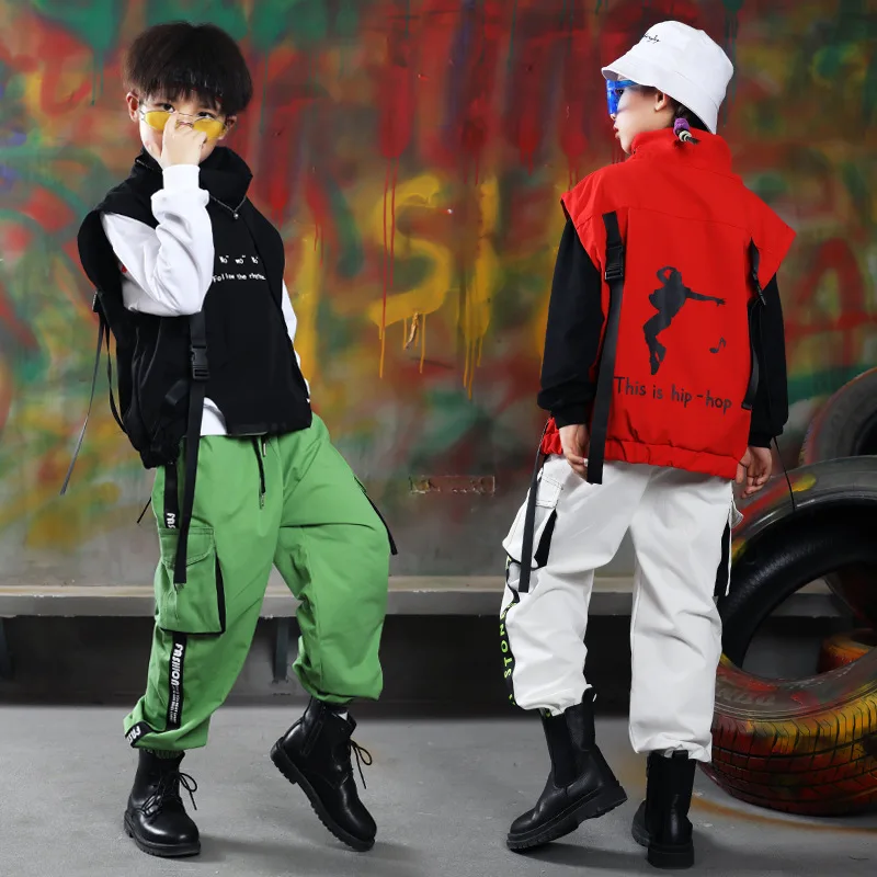 Boys Hip Hop Vest Sweatshirt Cargo Pants Girls Street Dance Clothes Sets Child Jazz Joggers Kids Streetwear Performance Costumes