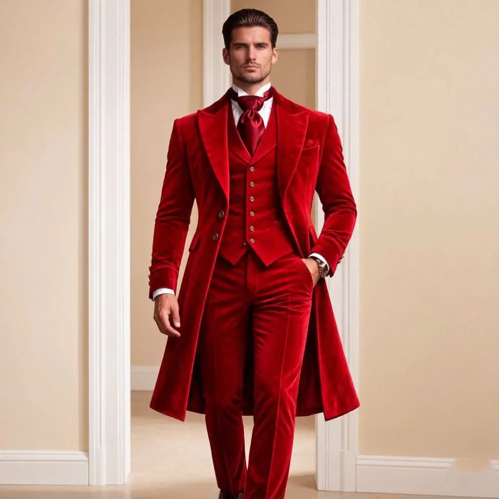 Velvet Long Formal Suits for Men Slim Fit 3 Pieces Wedding Tuxedo for Business Formal Activities Custom Made Mix Match Cufflinks