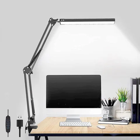 LED Foldable USB Clip-on Desk Lamp Long Arm 3-Color Temperature Dimmabl Reading Study Portabl Light for Bedroom Office Dormitory