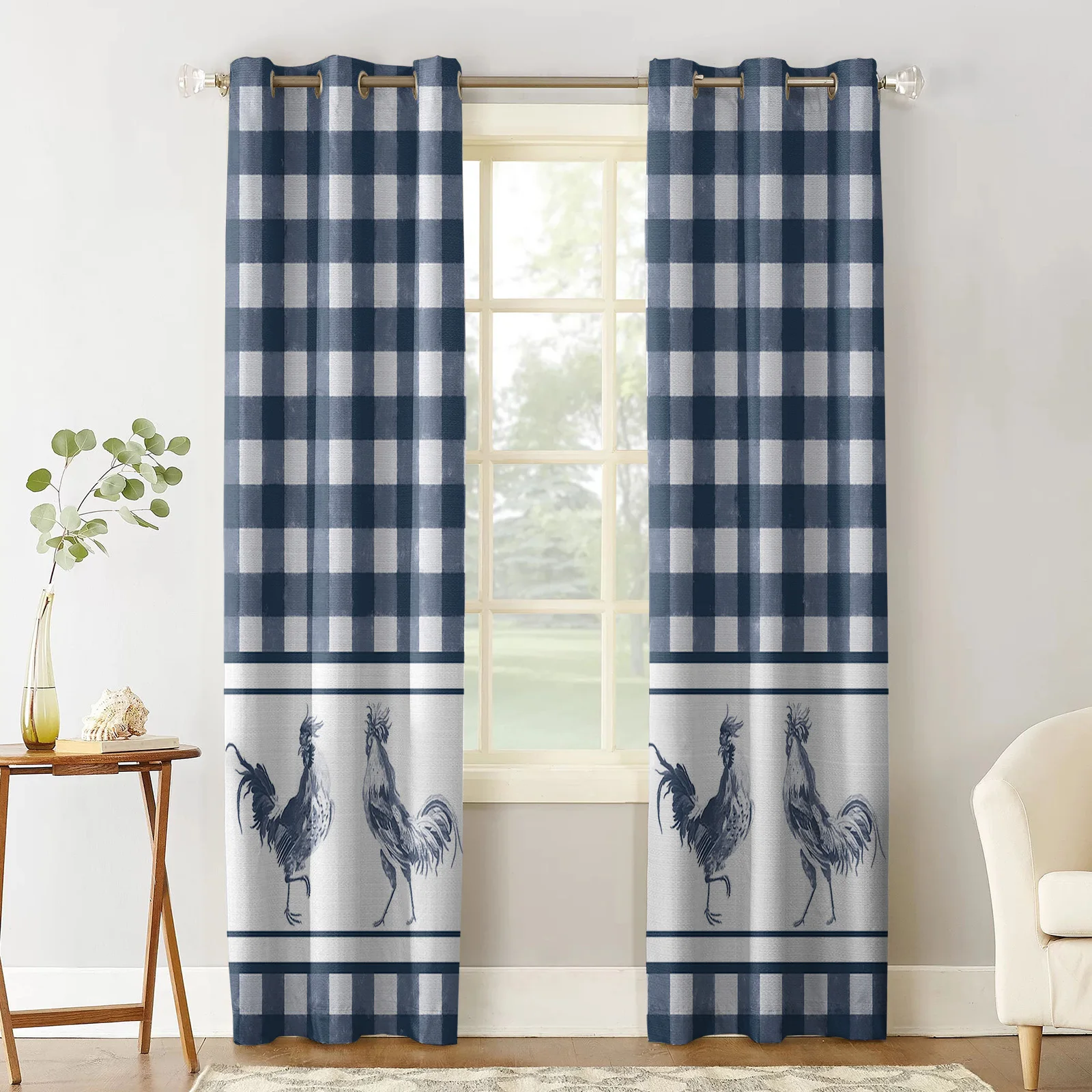 Farm Plaid Rooster Blue Retro Curtains for Living Room Window Panels Bedroom Kitchen Drapes Home Decor Window Curtain