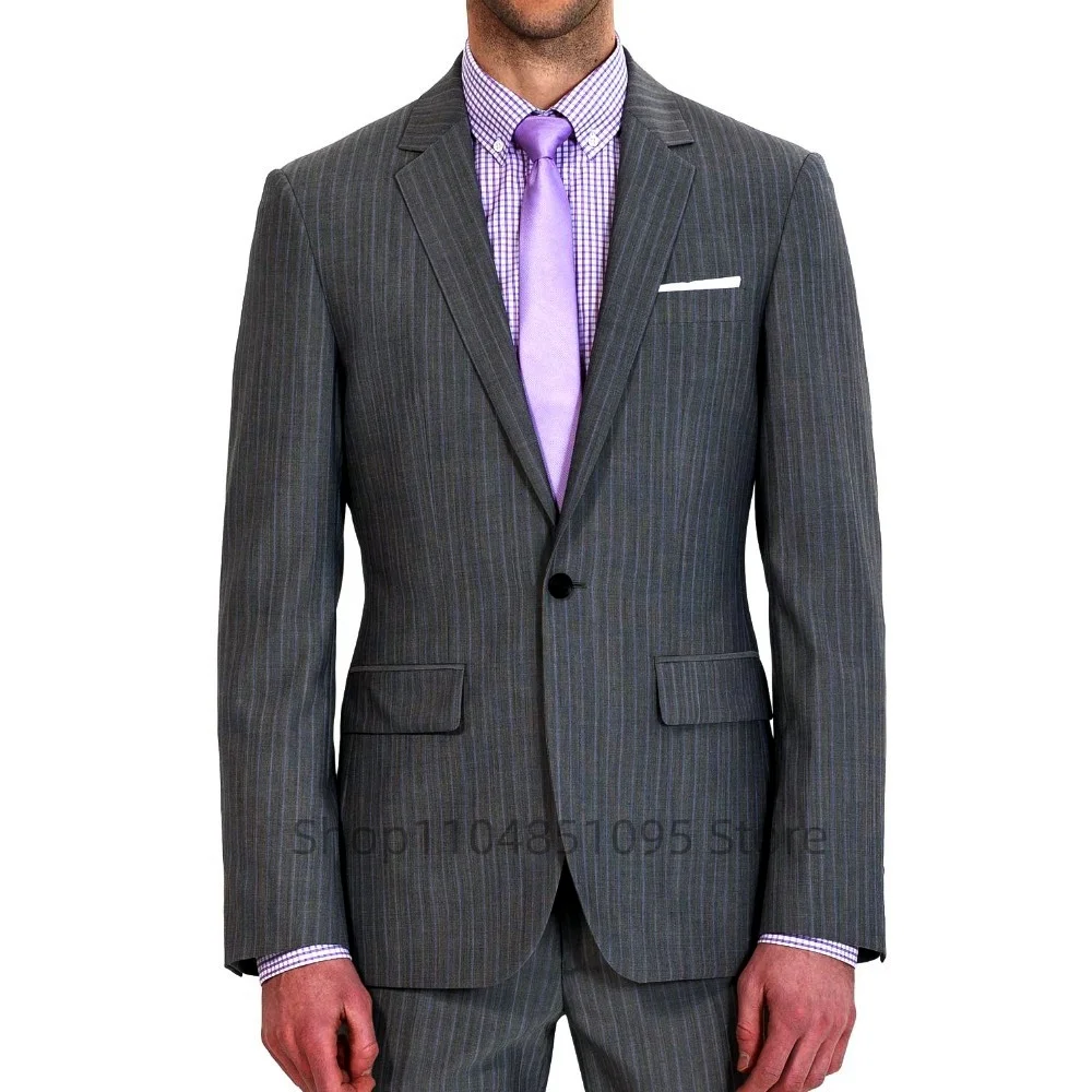 

2 Piece Men's Dark Gray Striped Men Suit Wedding Business Suits Slim Fit Notch Lapel Jacket Suits For Party Prom(Blazer+Pants)