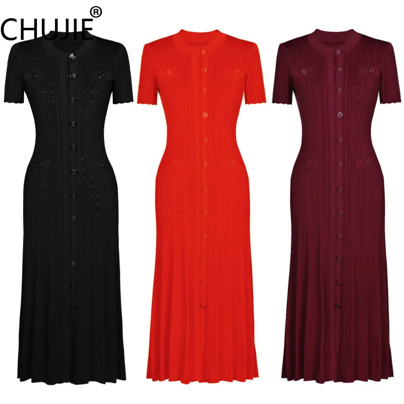 

CHUJIE French Chic 2025 Spring Summer Women's Knit Dress | Short Sleeve Button Down Midi Dress | Slim Fit Round Neck