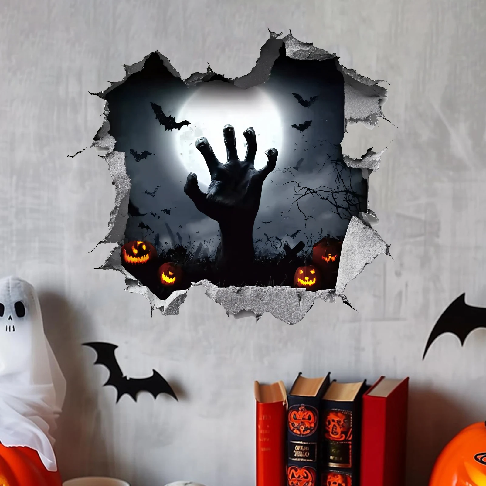 Crack Wall Zombie Hand Floor Wall Sticker Blood Hand Bat Pumpkin Spooky Decal Waterproof PVC Halloween Decoration