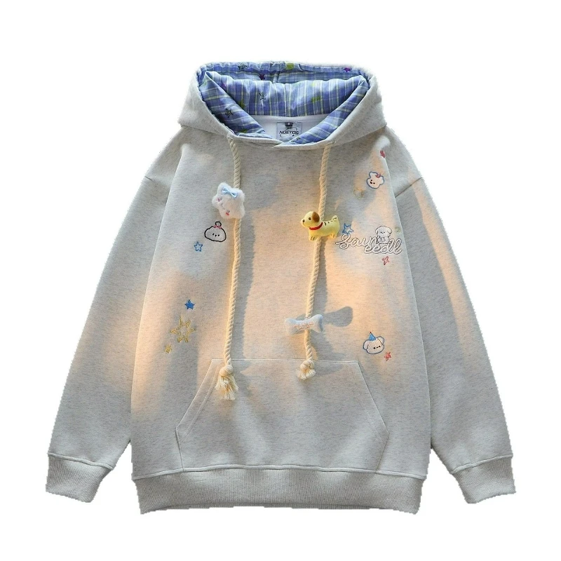 Embroidered Teddy Bear Plaid Hooded Sweatshirt for Women 2026 Autumn New Fashionable Loose Lazy Design Couple Cardigan Jacket