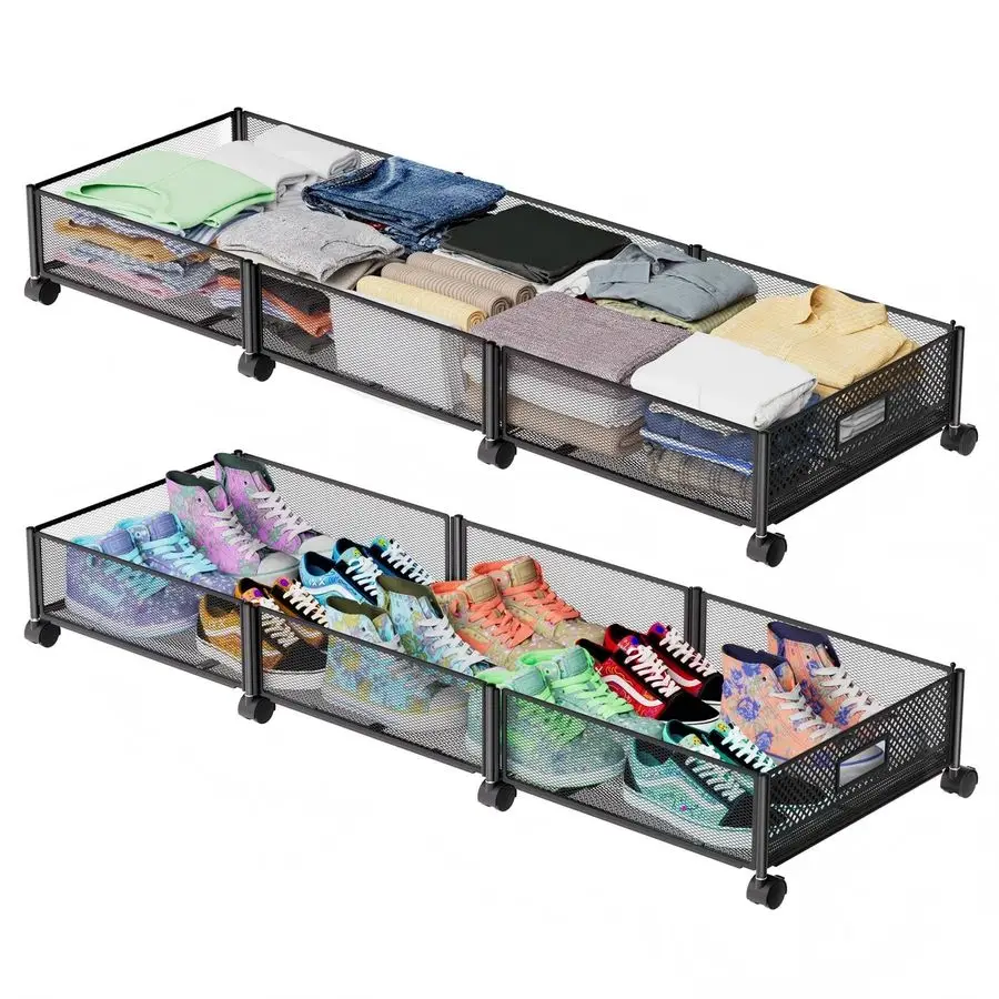 Bed Storage with Wheels 47.2L 57.6L Large Rolling Under Bed Storage, Metal Underbed Containers on Wheels, ToolFree Assembly Fold