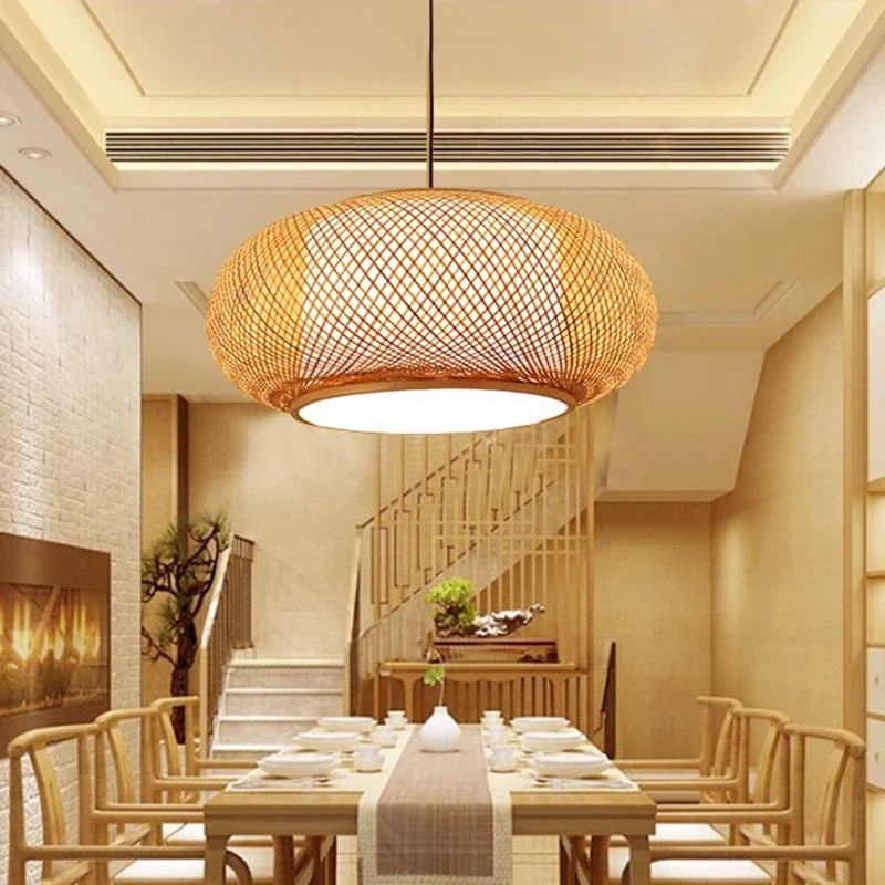 

Round Handmade Rattan LED Chandeliers Hanging Pendant Lighting Straw Hat Bamboo Pastoral Vintage Restaurant Cafe Art Suspension