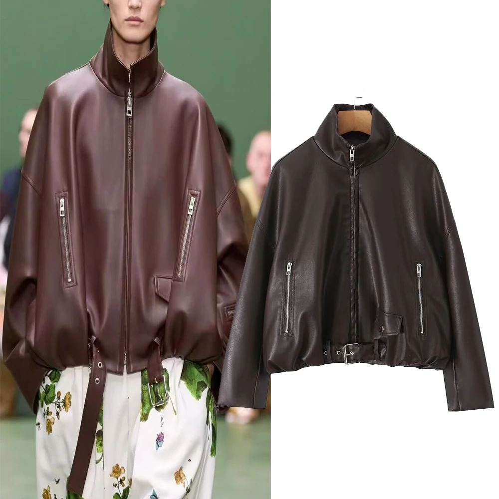 

Faionable Zipper PU Jaet Women's Versatile H2397 Outerwear Commute Sle Long Sve Stand Collar Regular Fit Spring 2025