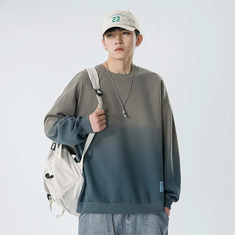Gradient Sweatshirt Mens Casual Shirt O Neck Contrast Sweatshirt Hoodless Pullover Man Tops Long Sleeve Tshirt Streetwear