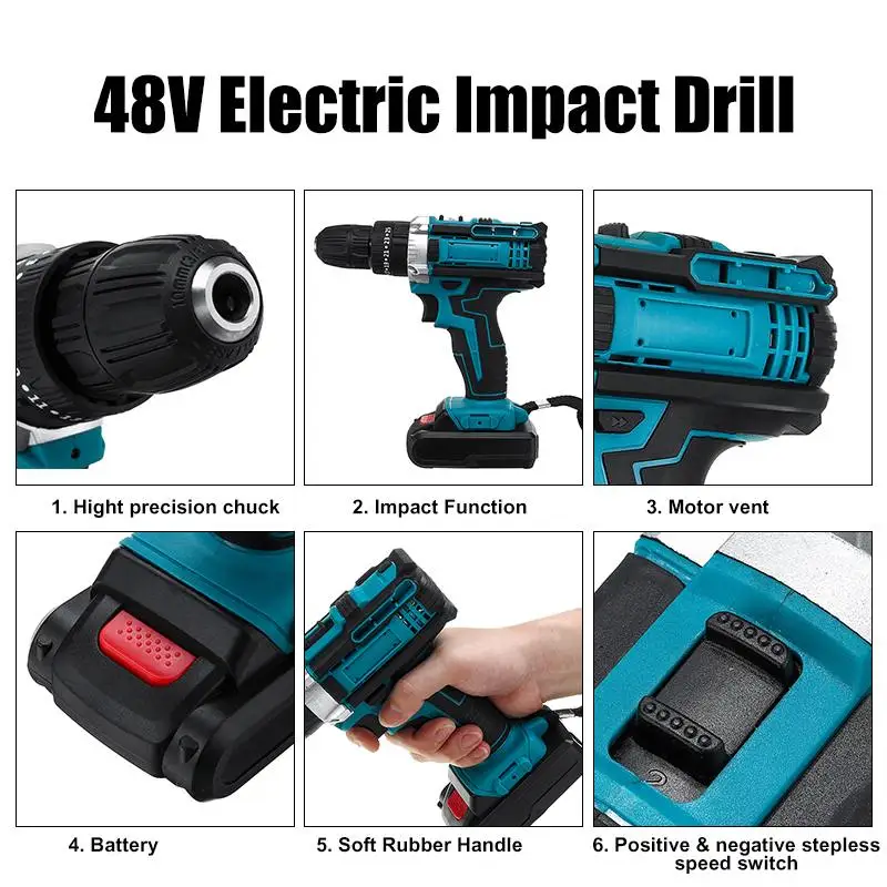 48V 25+3 Torque Cordless Impact Electric Drill Electric Screwdriver Drill Power Tools Wireless Power Driver Lithium-Ion Battery