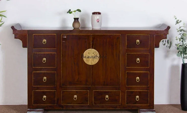 

yj7 New Chinese Style Side Cabinet Elm Wood Distressed Warped Head Entrance Door Chest of Drawers Buddha Niche Desk Foyer Locker