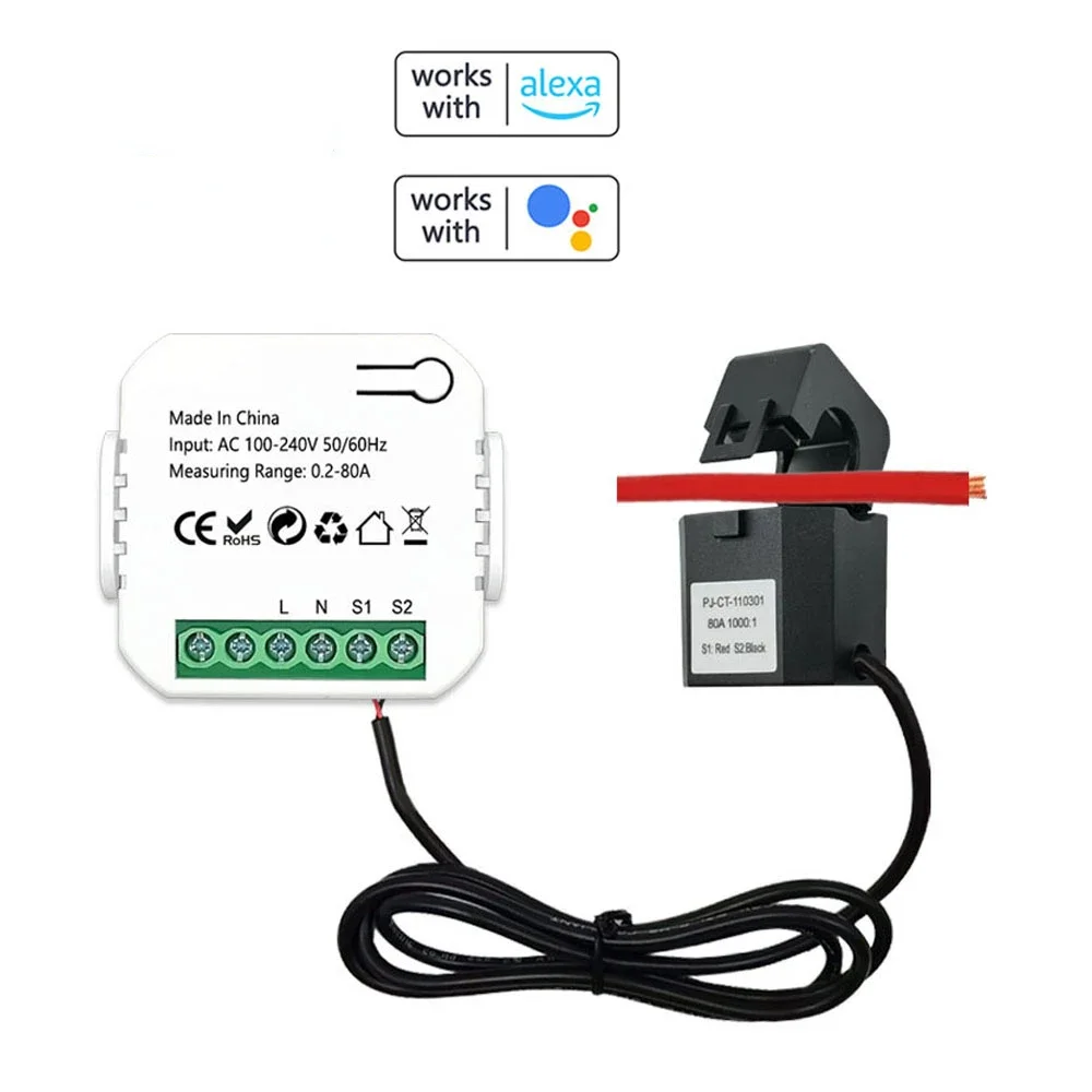 Tuya Wifi ZigBee Energy Meter 80A Current Transformer Clamp Power Monitor Electricity Statistics Monitoring Device Voice Control