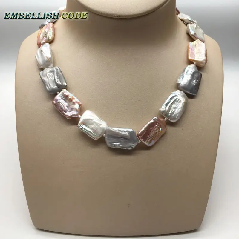 

20mm-25mm Popular Necklace Keshi Irregular Rectangle Square Gray Natural Freshwater Cultured Pearls Special Jewelry