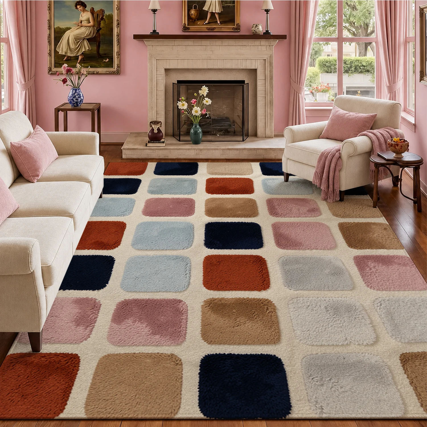 Multicolor Square Tufted Patch Pattern Velvet Area Rug, Soft Plush Texture, Machine Washable, Ideal for Living Room, Bedroom, Entryway, Dining Room, Perfect for Halloween, Thanksgiving, Black Friday, Christmas, New Year Home Decor