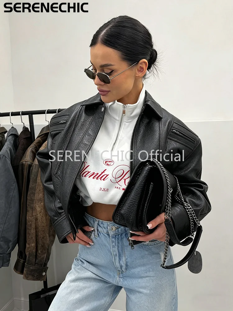 SERENECHIC Textured PU Aviator Coat with Elastic Hem Women's Black Cropped Faux Leather Jacket New Vintage Outerwear Female