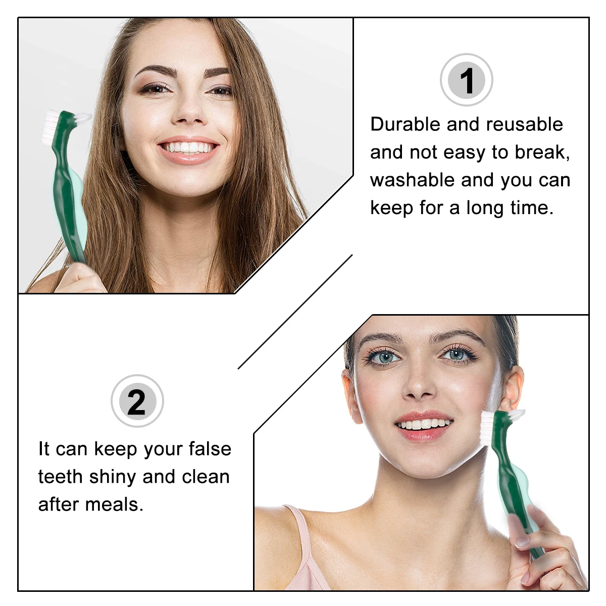 

3pcs Double Headed Denture Brush False Teeth Cleaner Soft Bristles Hard Sided Dental Floss Red Green Blue Reusable Washable