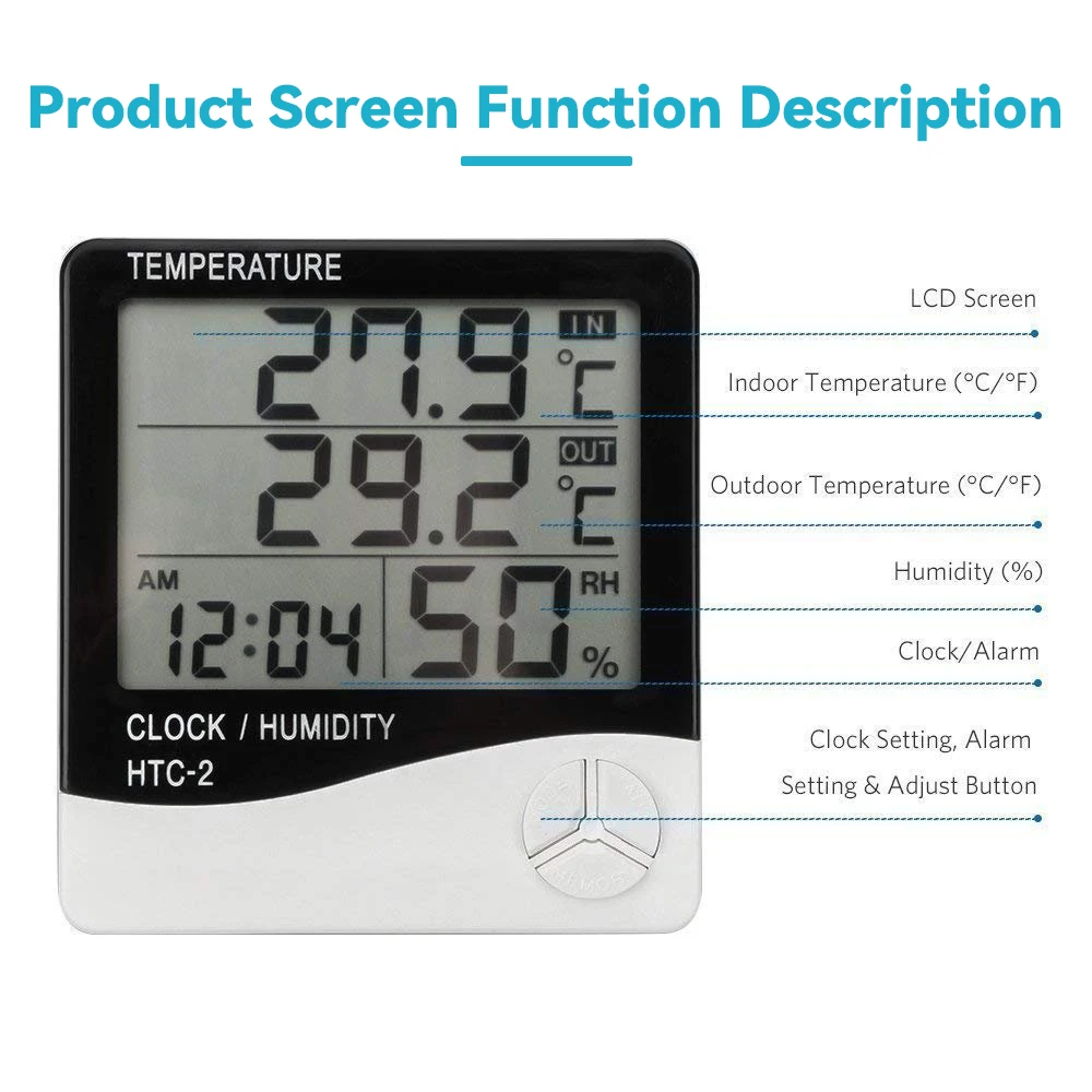 ดิจิตอล LCD อิเล็กทรอนิกส์ Ambient เครื่องวัดความชื้นสัมพัทธ์ความชื้นสถานีสภาพอากาศ Aquarium ในร่มนาฬิกาปลุก