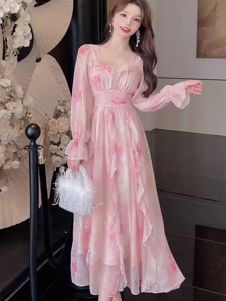 

Elegant Floral Print Maxi Dress Women Autumn New French Vintage Party Birthday Vestidos Female V-Neck A-Line Mujers Fall Clothes