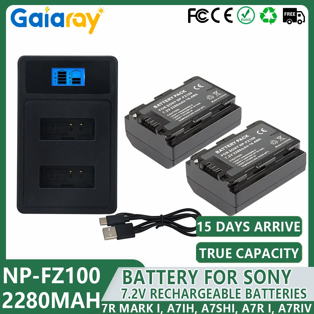 

2 шт., 2280 мАч, NP-FZ100 NPFZ100 NP FZ100, аккумулятор + двойное USB-зарядное устройство с ЖК-дисплеем для камеры Sony BC-QZ1, Sony a9, a7R III, a7 III, A7RIV A6600