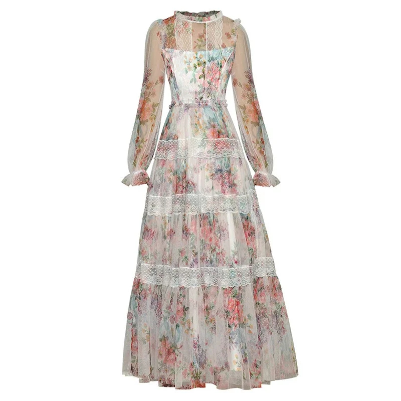 

2023 Fashion Runway Summer Women Lace Long Sleeve Mesh Flower Print Vintage Vacation Party Dresses