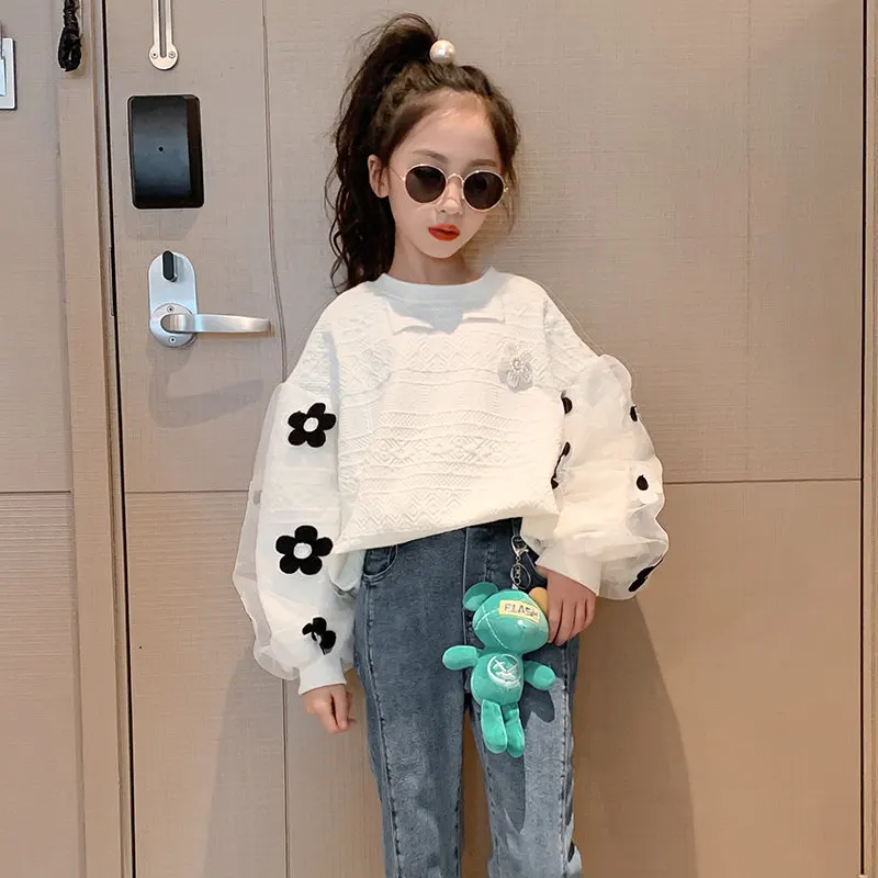 Autumn New Children Sweatshirt with Flower Clothes Cute Kids Girls Solid Color Korean Sweatshirt Fashion Teenager School Tops