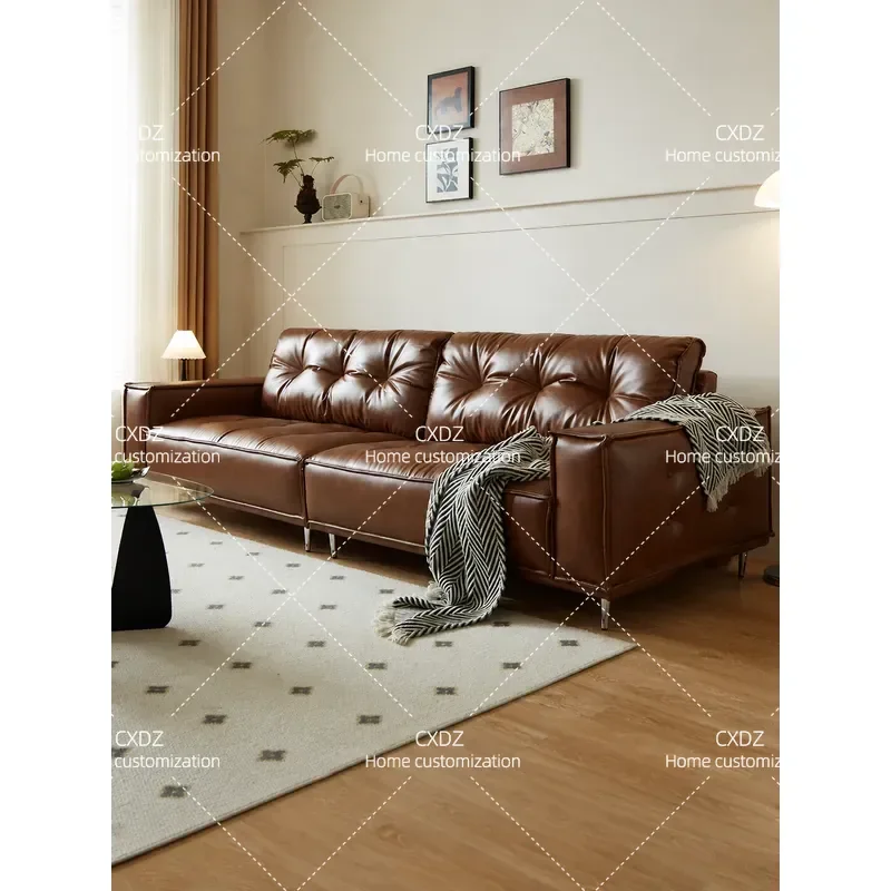 Retro Tofu Block Sofa First Layer Cowhide Oil Wax Leather Straight Row Medium Antique Style Couch for Small Apartment Living