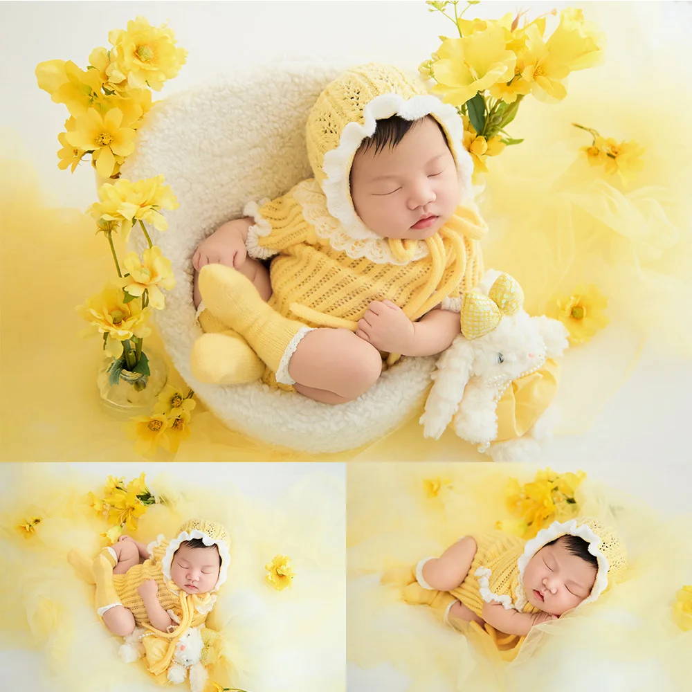 0-1 Month Newborn Photography Props Soft Knit Romper+lace Trim Hat Artificial Flowers Decor Prop for Studio Baby Milestone Photo