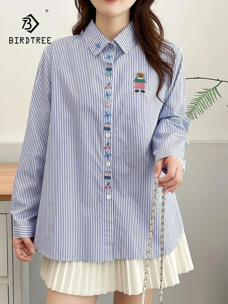 

New 2025 Autumn Cotton Long Sleeve Shirt, Women Lapel Embroidery Striped, Mori Girl Sweet Age Reduction Loose Blouse T58520CC