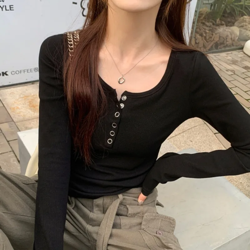 تي شيرت نسائي بأكمام طويلة متين وبسيط ومتوافق مع تصميم كاجوال بصدر واحد ملابس علوية للتخسيس Ulzzang High Street College Inner