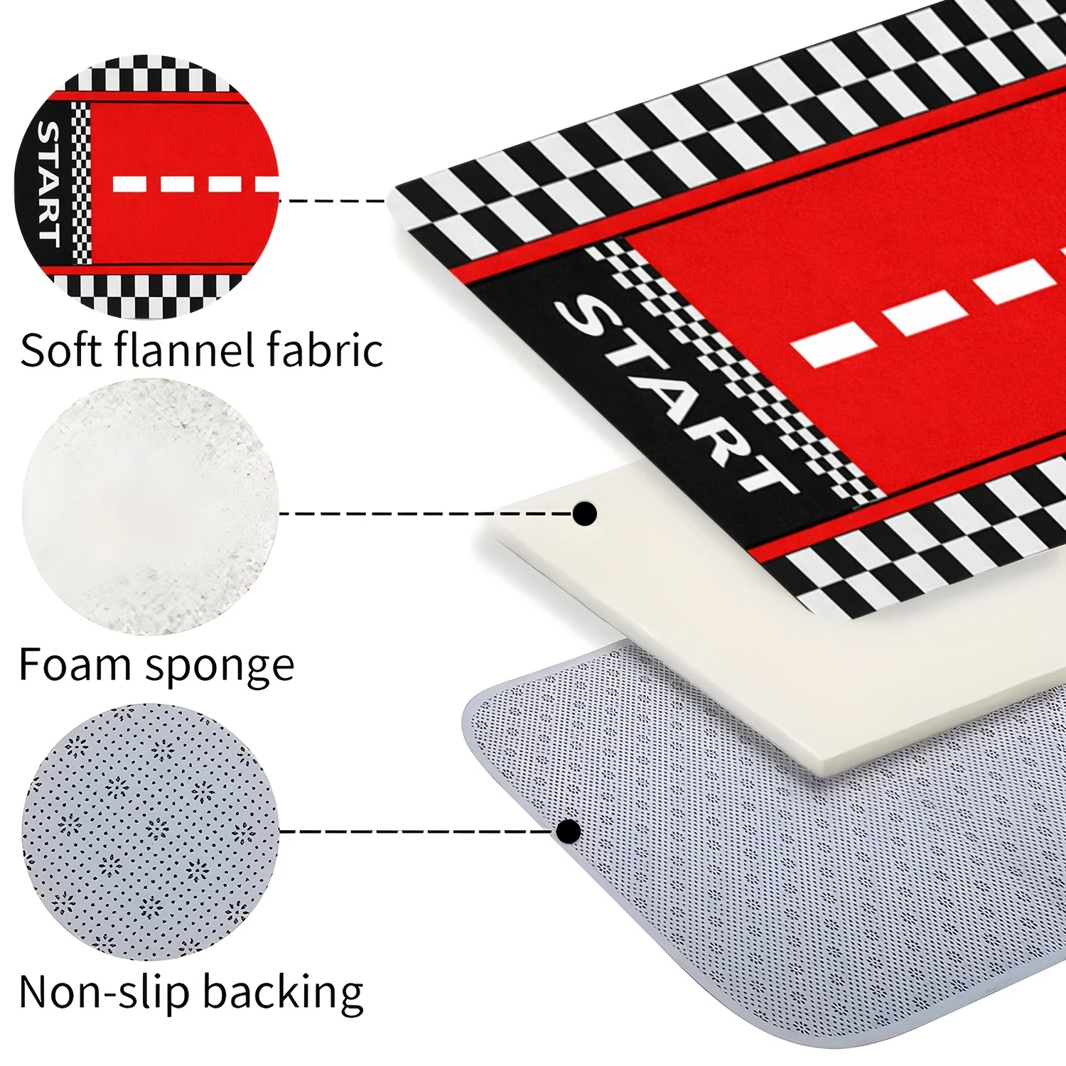 Red Race Track Runner Mat Anti Slip Water Absorbent Black White Check Border Decor Print Carpet for Kitchen Bedroom Bathroom