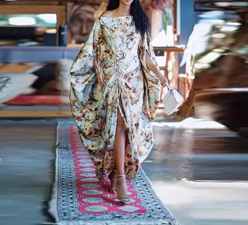 

Summer 2025 Round Neck Split Irregular Print Loose Dress for Women, Elegant Batfly Sleeve Pleated Loose Straight Tube Dress