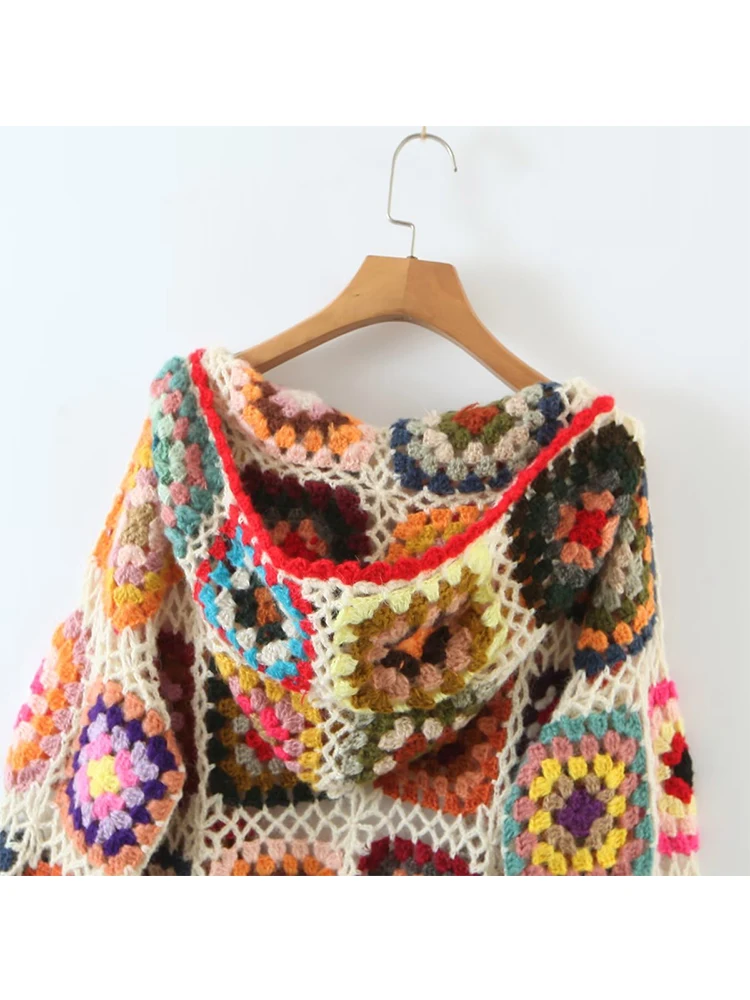 YENKYE New Autumn Women Handmade Crochet Knit Hooded Cardigan Vintage Multicolor Long Sleeve Female Boho Knit Sweater