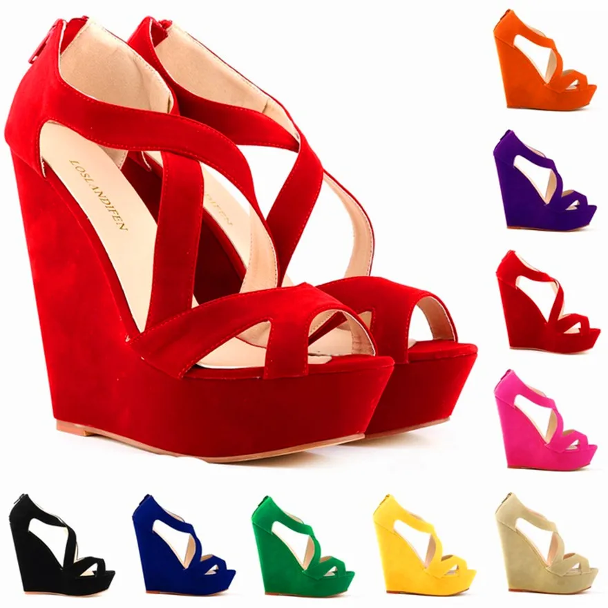 

Summer Sexy Cross Cut-Outs Dress Sandals Solid Flock Women Peep Toe Wedges Sandal High Heels Platform Party Female Shoes Fashion