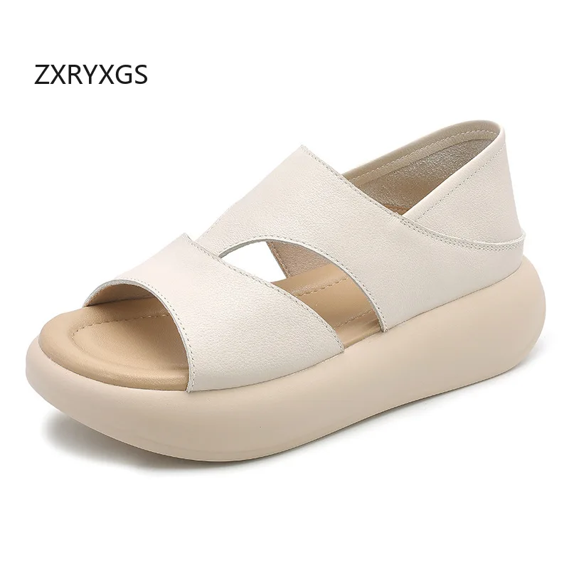 

ZXRYXGS 2025 Summer Top Cowhide Leather Women Fish Mouth Sandals Platform Soft Increase Wedges Sandals Fashion Casual Sandals