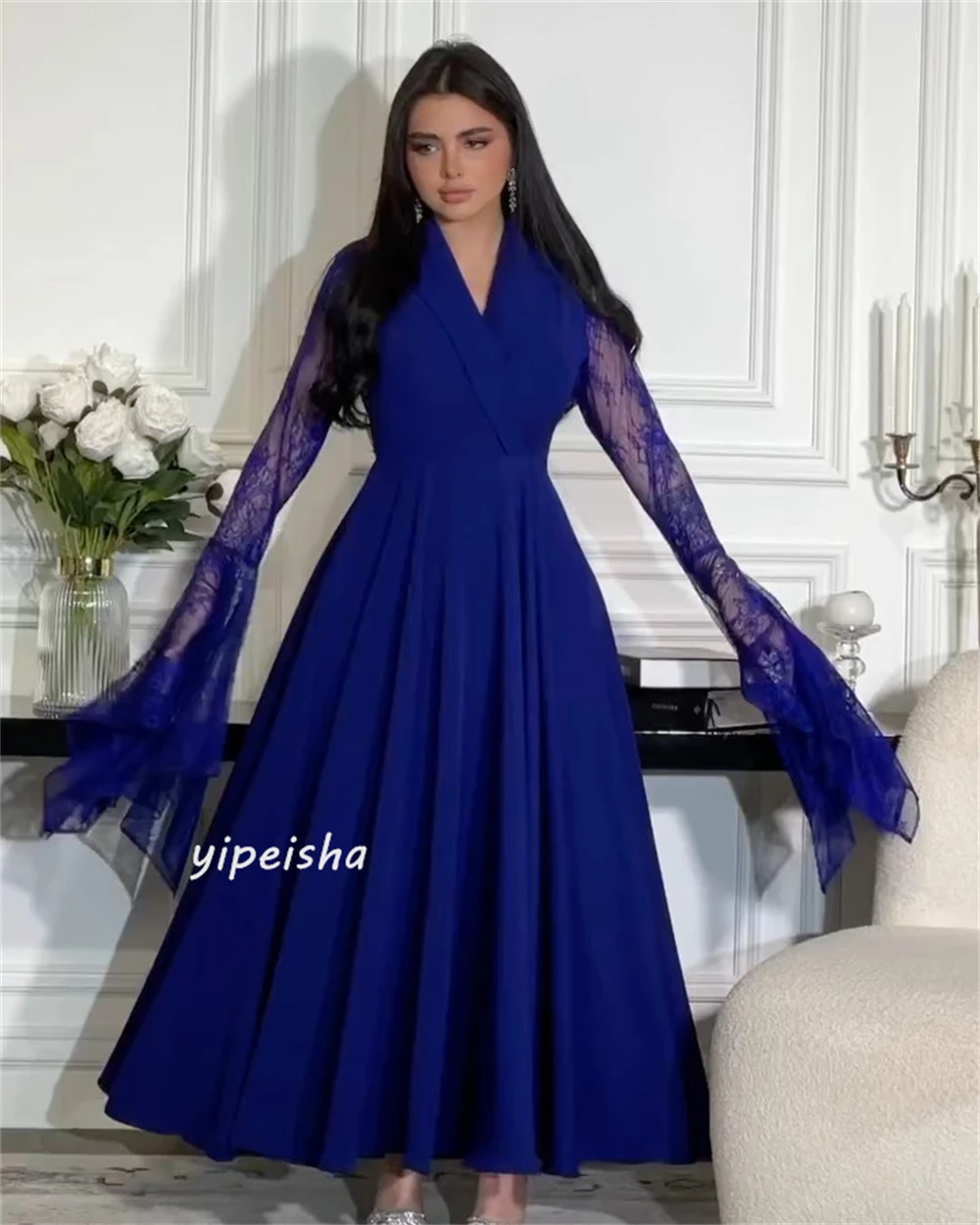 Jiayigong-vestido Midi de noche con volantes drapeados, traje de alta calidad con cuello en V, línea A, a medida, exquisito