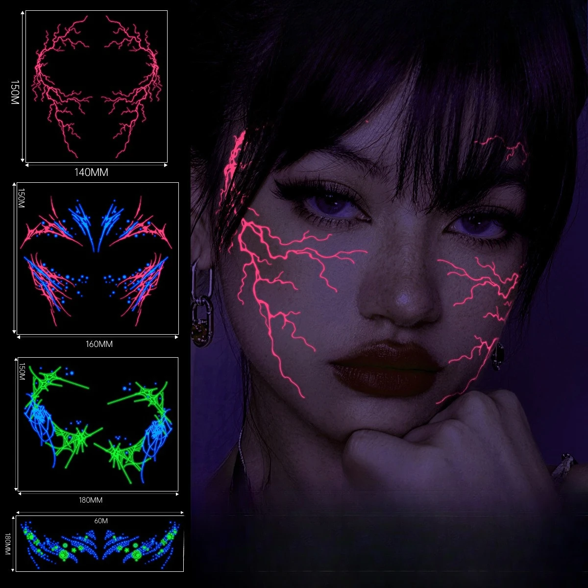 Halloween Glow-in-the-Dark Face Tattoo Stickers Neon Lightning Pattern Full-Face Party Cosplay Temporary Body Art Decals